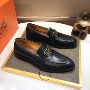 Giày lười Hermes màu đen logo kim loại Super Fake - Hình ảnh 2