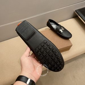 Giày lười Hermes nam da sần màu đen logo bạc Super Fake - Ảnh 8
