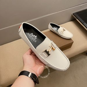 Giày lười Hermes nam màu trắng logo kim loại Super Fake - Hình ảnh 2