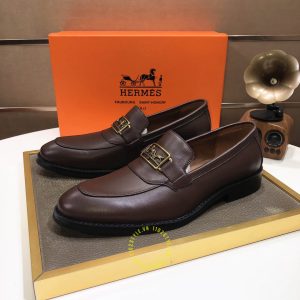 Giày lười Hermes màu nâu logo kim loại Super Fake - Hình ảnh 2