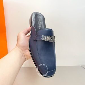 Giày sục Hermes nam màu xanh than khuy kim loại cao cấp - Hình ảnh 6