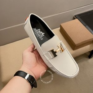 Giày lười Hermes nam màu trắng logo kim loại Super Fake - Hình ảnh 4