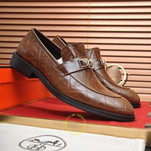 Giày lười Hermes da thật màu nâu họa tiết cao cấp - Ảnh 3
