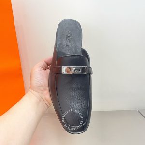 Giày sục Hermes nam da xịn màu đen logo cao cấp - Hình ảnh 6