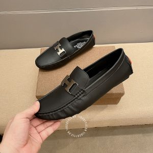Giày lười Hermes nam da sần màu đen logo bạc Super Fake - Ảnh 3