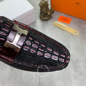Giày lười Hermes nam màu đen phối đỏ logo chữ H Super Fake - Hình ảnh 6
