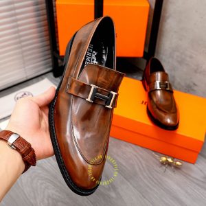 Giày Hermes nam màu nâu da bóng Like Auth - Hình ảnh 5
