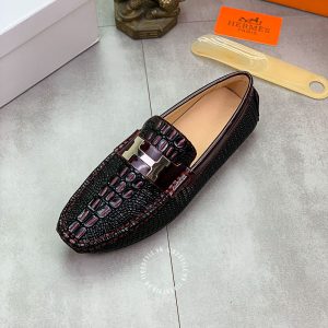 Giày lười Hermes nam màu đen phối đỏ logo chữ H Super Fake - Hình ảnh 5