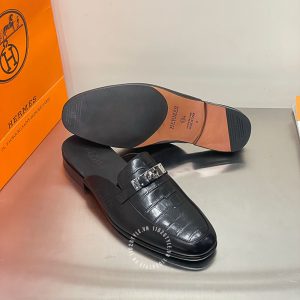 Giày sục Hermes nam màu đen dập vân cá sấu rep 1:1 chính hãng - Hình ảnh 5