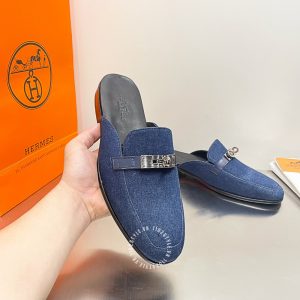 Giày sục Hermes nam màu xanh denim replica 1:1 chính hãng - Hình ảnh 4