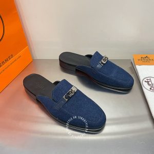 Giày sục Hermes nam màu xanh denim replica 1:1 chính hãng - Hình ảnh 2