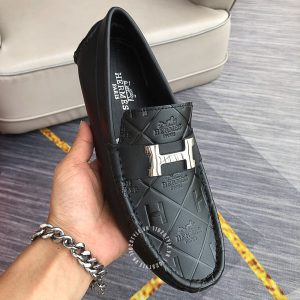 Giày Hermes nam màu đen logo chữ H Super Fake - Hình ảnh 4