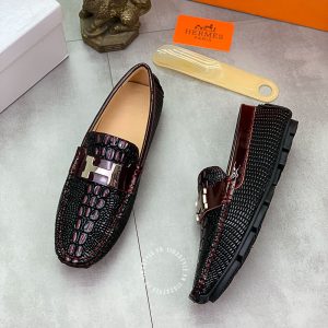 Giày lười Hermes nam màu đen phối đỏ logo chữ H Super Fake - Hình ảnh 3