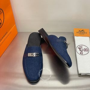 Giày sục Hermes nam màu xanh denim replica 1:1 chính hãng - Hình ảnh 3