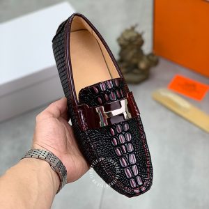 Giày lười Hermes nam màu đen phối đỏ logo chữ H Super Fake - Hình ảnh 4