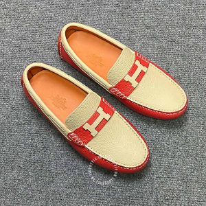 Giày lười Hermes like auth nam da xịn màu đỏ phối be - Ảnh 2