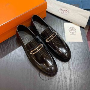 Giày lười Hermes like auth màu nâu da bóng cao cấp - Ảnh 3