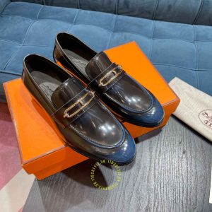Giày hiệu nam Hermes màu xanh đen da trơn like auth - Ảnh 4
