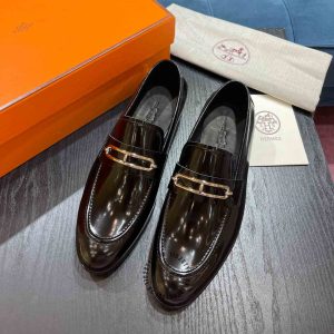 Giày lười Hermes like auth màu nâu da bóng cao cấp - Ảnh 2