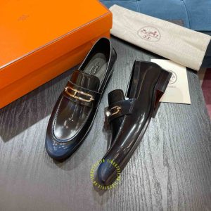 Giày hiệu nam Hermes màu xanh đen da trơn like auth - Ảnh 5