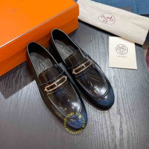 Giày hiệu nam Hermes màu xanh đen da trơn like auth - Ảnh 3