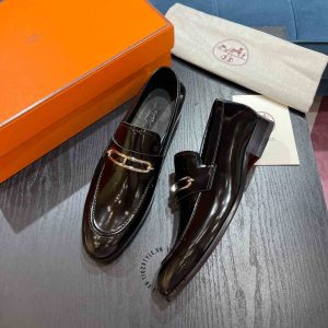 Giày lười Hermes like auth màu nâu da bóng cao cấp - Ảnh 5