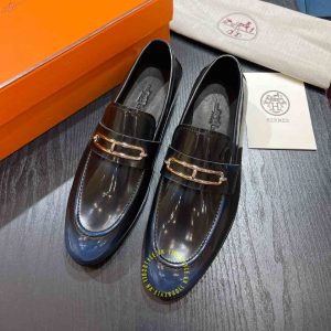 Giày hiệu nam Hermes màu xanh đen da trơn like auth - Ảnh 2