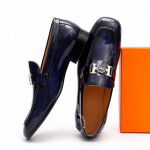 Giày Loafer Hermes nam màu xanh than da bóng hàng hiệu - Ảnh 5