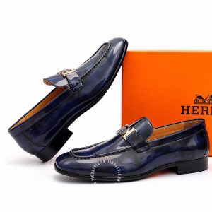 Giày Loafer Hermes nam màu xanh than da bóng hàng hiệu - Ảnh 4