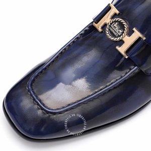 Giày Loafer Hermes nam màu xanh than da bóng hàng hiệu - Ảnh 7