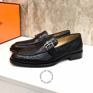 Giày lười nam hàng hiệu Hermes like auth màu đen họa tiết da rắn - Ảnh 5