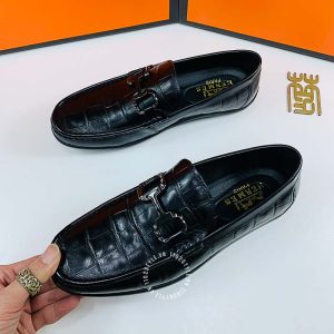 Giày nam Hermes màu đen dập vân cá sấu Super Fake - Hình ảnh 2
