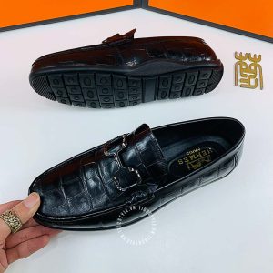 Giày nam Hermes màu đen dập vân cá sấu Super Fake - Hình ảnh 3