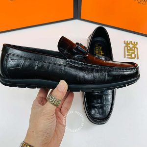 Giày nam Hermes màu đen dập vân cá sấu Super Fake - Hình ảnh 9