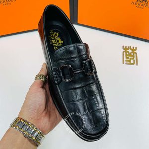 Giày nam Hermes màu đen dập vân cá sấu Super Fake - Hình ảnh 5