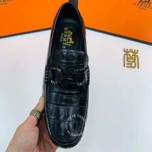 Giày nam Hermes màu đen dập vân cá sấu Super Fake - Hình ảnh 6