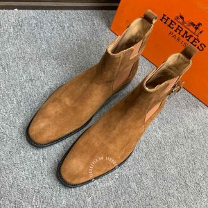 Chelsea Boot Hermes nam da lộn màu nâu da bò cổ chun khoá cài - Hình ảnh 2
