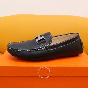 Giày nam Hermes màu đen da sần logo bạc Super Fake - Hình ảnh 4