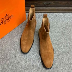 Chelsea Boot Hermes nam da lộn màu nâu da bò cổ chun khoá cài - Hình ảnh 3