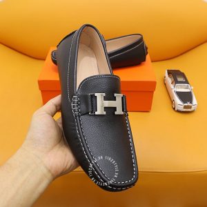 Giày nam Hermes màu đen da sần logo bạc Super Fake - Hình ảnh 3
