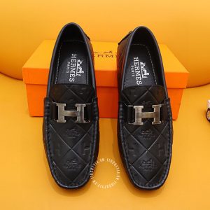 Giày nam Hermes mocasin màu đen họa tiết nổi bật Super Fake - Hình ảnh 2