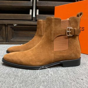 Chelsea Boot Hermes nam da lộn màu nâu da bò cổ chun khoá cài - Hình ảnh 4