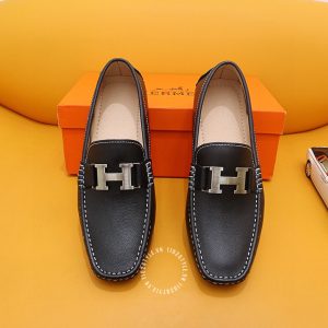Giày nam Hermes màu đen da sần logo bạc Super Fake - Hình ảnh 2