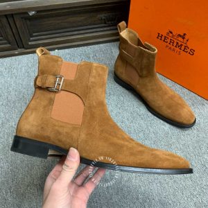 Chelsea Boot Hermes nam da lộn màu nâu da bò cổ chun khoá cài - Hình ảnh 6