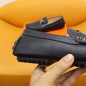 Giày nam Hermes màu đen da sần logo bạc Super Fake - Hình ảnh 6