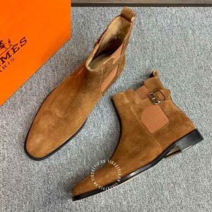 Chelsea Boot Hermes nam da lộn màu nâu da bò cổ chun khoá cài - Hình ảnh 5