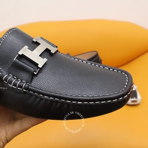 Giày nam Hermes màu đen da sần logo bạc Super Fake - Hình ảnh 5