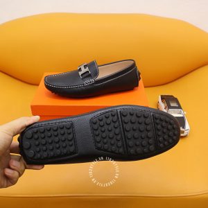 Giày nam Hermes màu đen da sần logo bạc Super Fake - Hình ảnh 8