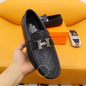 Giày nam Hermes mocasin màu đen họa tiết nổi bật Super Fake - Hình ảnh 3