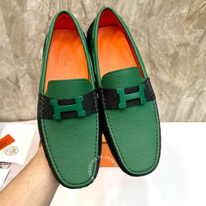 Giày nam Hermes da xịn màu đen phối xanh siêu cấp - Hình ảnh 2